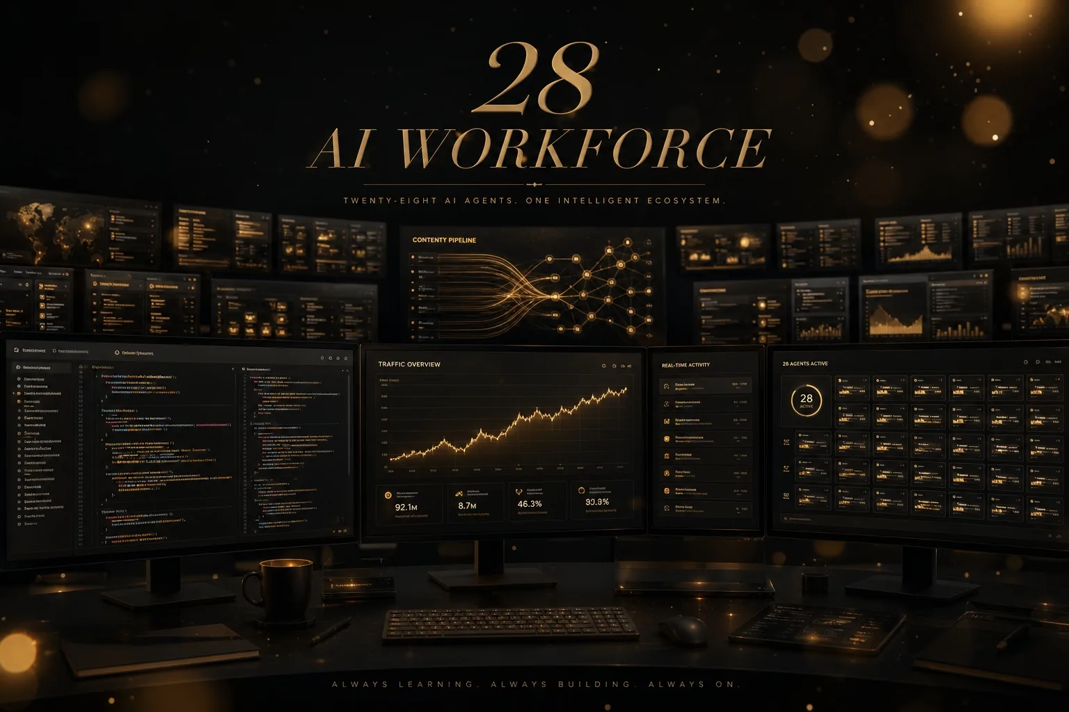 AI 28명 워크스페이스 — 24시간 동작하는 28 에이전트 명령 센터
